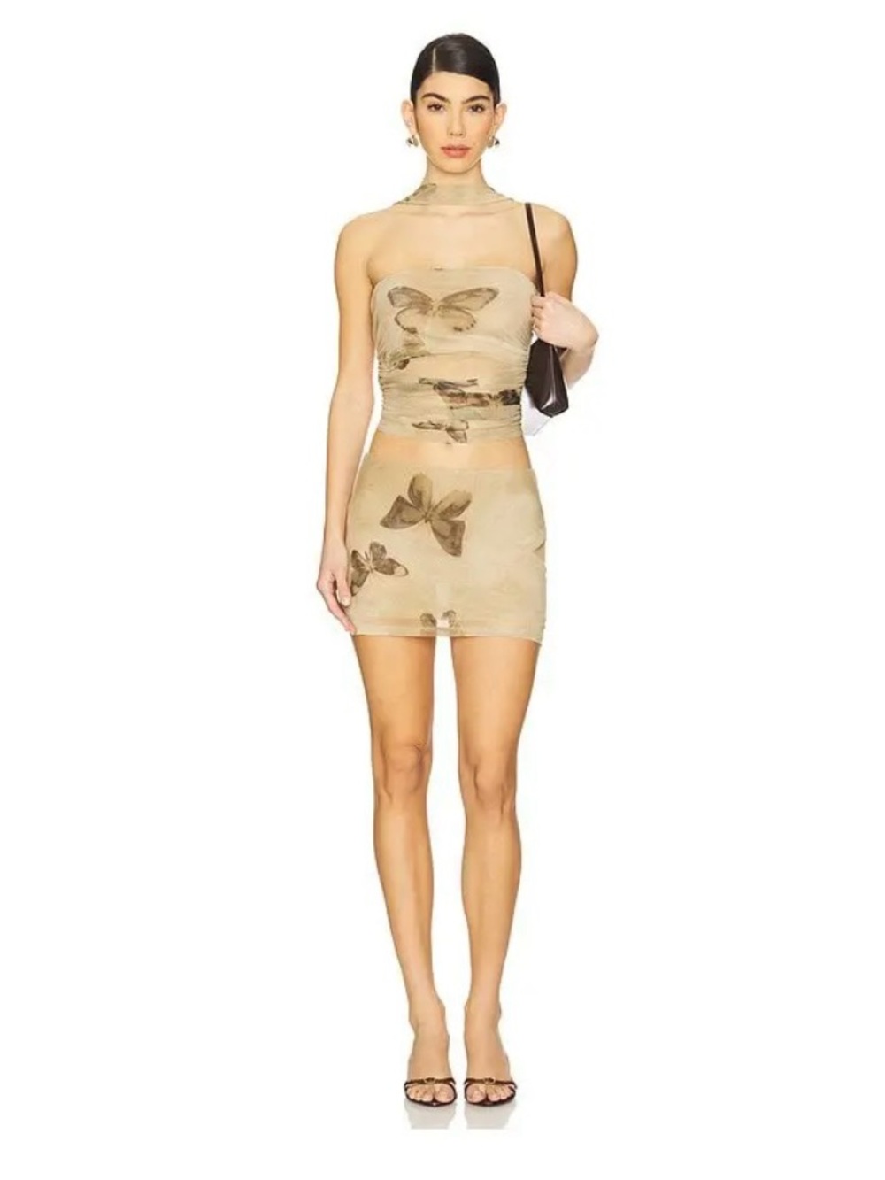 Neutral Butterfly Print Strapless Mini Dress